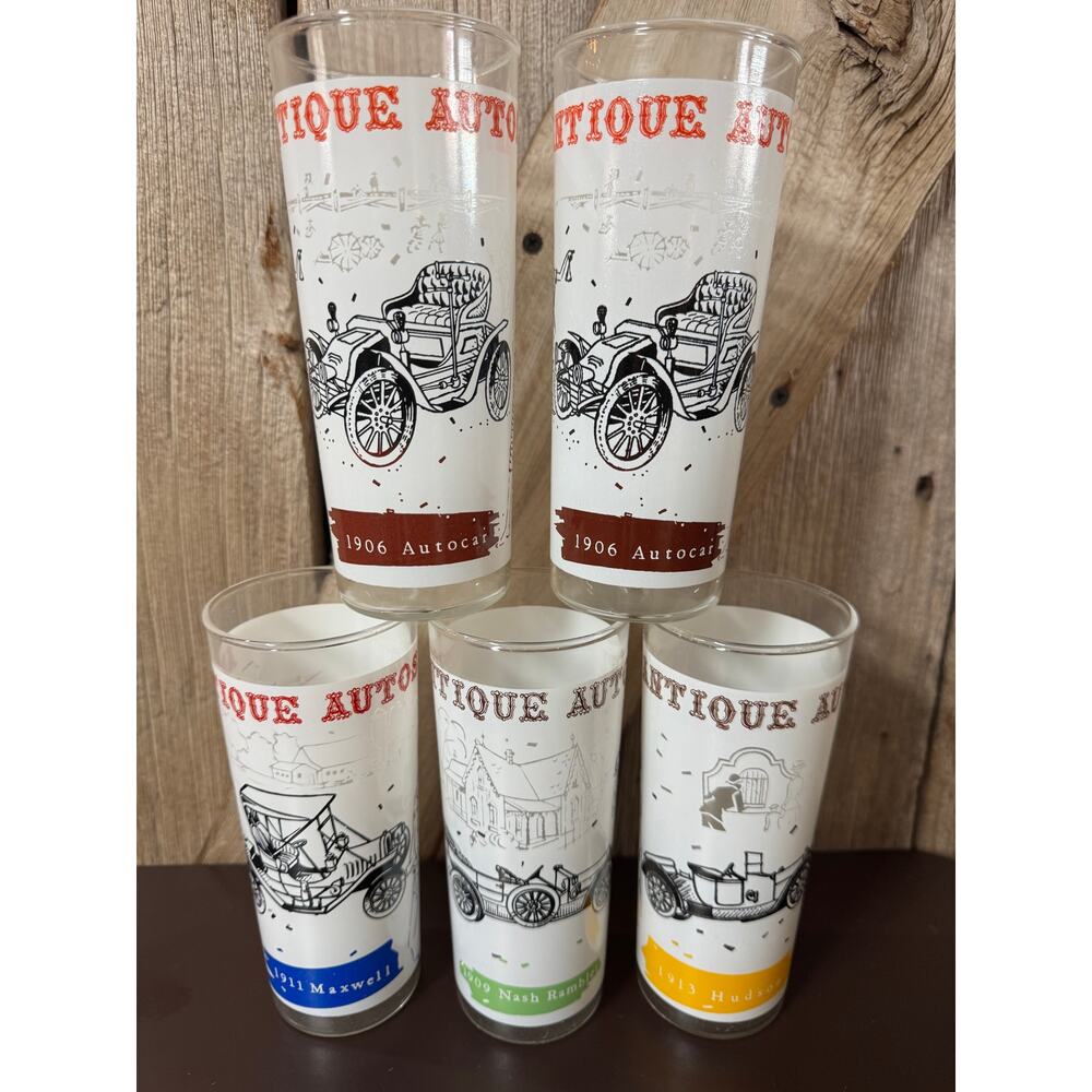 Set Of 5 Tall Classic Car Collectible Antique Autos Drinking Glasses Water Cups